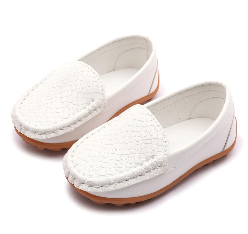 LONSOEN Toddler/Little Kid Boys Girls Soft Synthetic Leather Loafer Slip-On Boat-Dress Shoes/Sneakers,White,SHF103 CN22 - Image 2