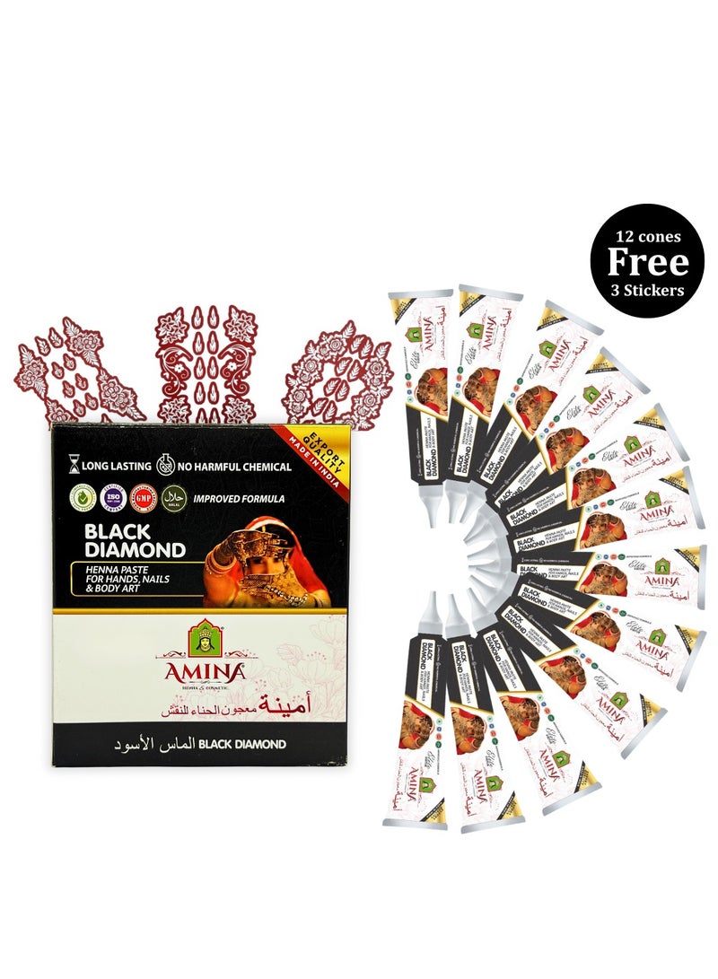 أمينا معجون حناء أمينة الفوري، مخروط أنبوبي | مع مجموعة مجانية من 3 ملصقات/استنسلات كاملة لليدين | بدون مواد كيميائية | يدوم طويلاً | عبوة من 12 قطعة × 35 جرامًا لكل قطعة | لون أسود - Image 1