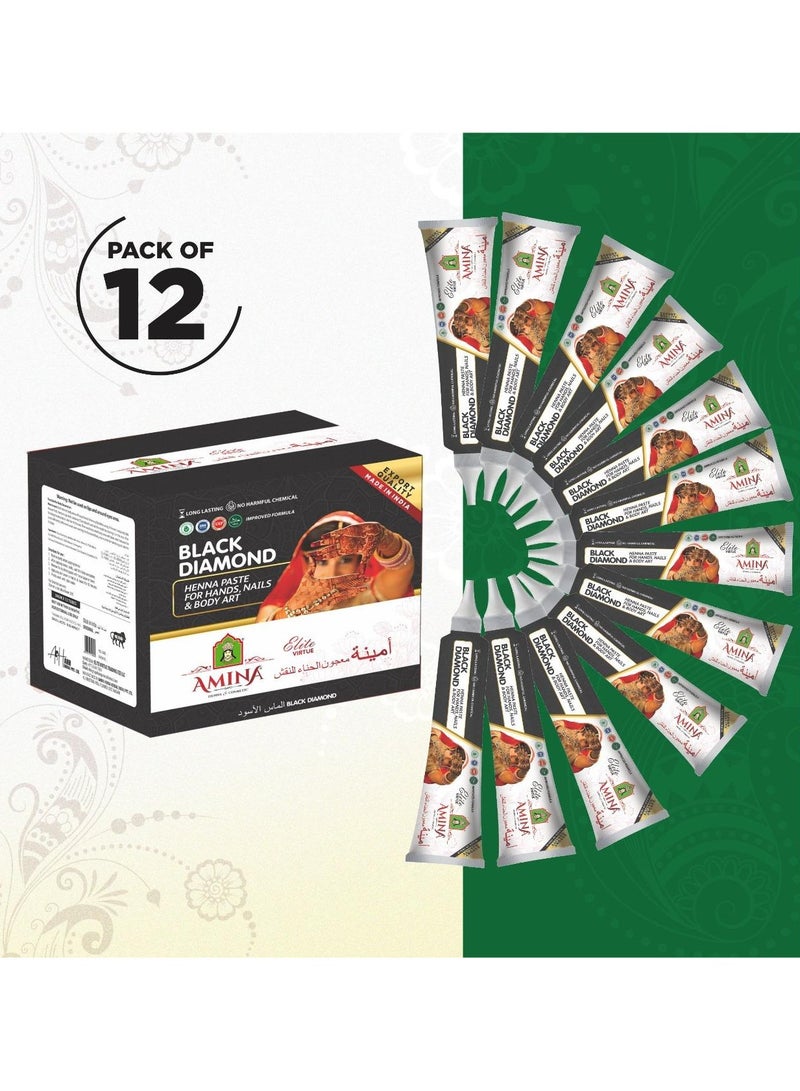 أمينا معجون حناء أمينة الفوري، مخروط أنبوبي | مع مجموعة مجانية من 3 ملصقات/استنسلات كاملة لليدين | بدون مواد كيميائية | يدوم طويلاً | عبوة من 12 قطعة × 35 جرامًا لكل قطعة | لون أسود - Image 5