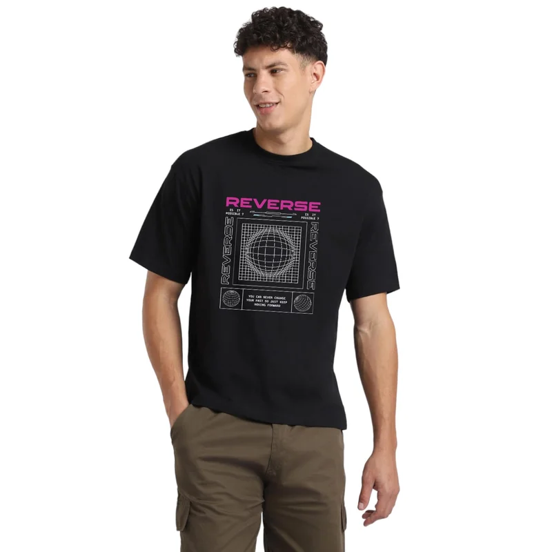 NOBERO Men's Black Oversized Printed T-Shirt