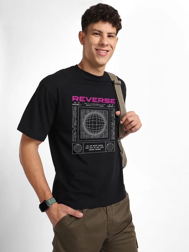 نوبيرو Men's Black Oversized Printed T-Shirt