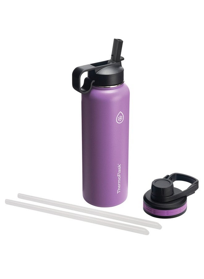 ThermoFlask زجاجة ثيرمو فلاسک مع غطاء شوق وغطاء قشة - زجاجة ماء معزولة من الفولاذ المقاوم للصدأ مع أغطية مانعة للتسرب - زجاجة وأغطية قابلة لإعادة الاستخدام آمنة في غسالة الصحون - زجاجة متينة، 2 قشة و2 غطاء - 40 أونصة، برقوق - Image 1