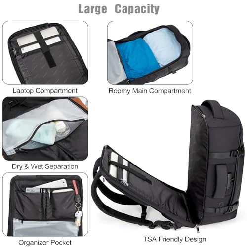 Tzowla 40L Expandable Travel Laptop Backpack for Men Women Carry on Flight Approved,Large Capacity Anti Theft Backpacks with USB/Type C Charging Port,Personal Item Bag Fit 17.3" Computerï¼ˆBlack - Image 3