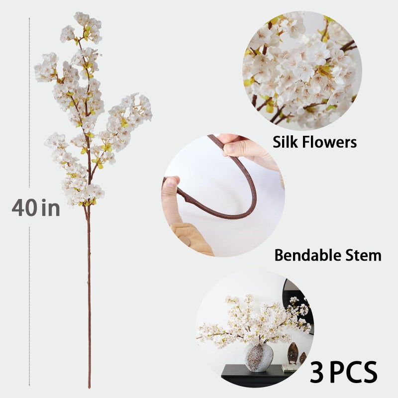 mizii 3Pcs Artificial White Cherry Blossom Branches 40" Fake Silk Cherry Blossoms Flowers with Long Stem for Wedding Decorations Table Centerpieces Vase Arrangement Home Decor (White) - Image 2
