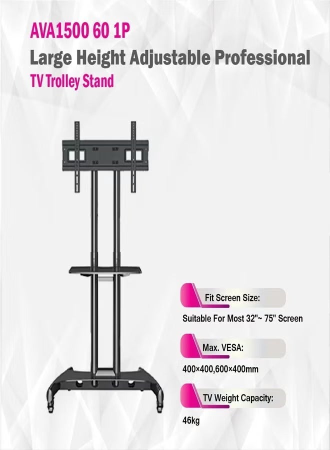 Skill Tech AVA1500 60 1P Large Height Adjustable Professional TV Trolley Stand for 32–75 Inch Screens, VESA 600x400mm, Max Load 46kg – Rolling TV Stand for Home & Office Black - Image 2