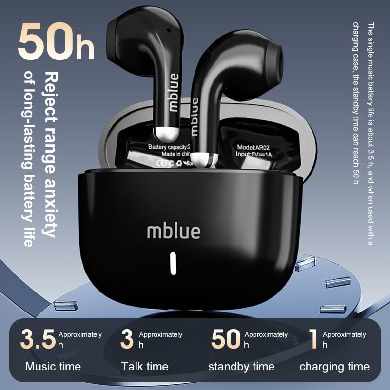 إم بلو سماعات بلوتوث MBLUE AR02، وقت تشغيل 50 ساعة، إلغاء الضوضاء ENC، محرك باس 13 مم، تحكم باللمس، سماعات لاسلكية للرياضة والتمارين والمكالمات، مقاومة للماء IP5، سماعات رياضية مصغرة لأندرويد iOS - Image 2