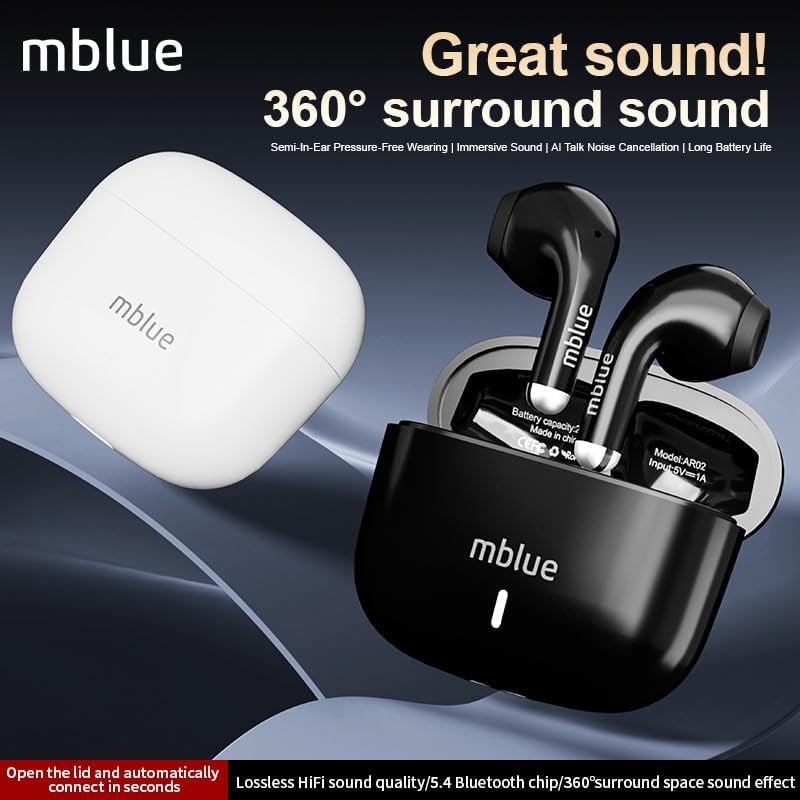 إم بلو سماعات بلوتوث MBLUE AR02، وقت تشغيل 50 ساعة، إلغاء الضوضاء ENC، محرك باس 13 مم، تحكم باللمس، سماعات لاسلكية للرياضة والتمارين والمكالمات، مقاومة للماء IP5، سماعات رياضية مصغرة لأندرويد iOS - Image 5