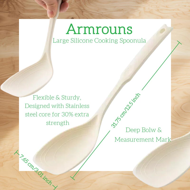 Armrouns Large Silicone Cooking Spoon 2PC, 12 -inch Non-Stick Spoonula set Deep Bolw & Measurement Mark for Mixing,Serving, Scooping, Scraping, Kitchen Utensils Spoons (White & Green) - Image 2