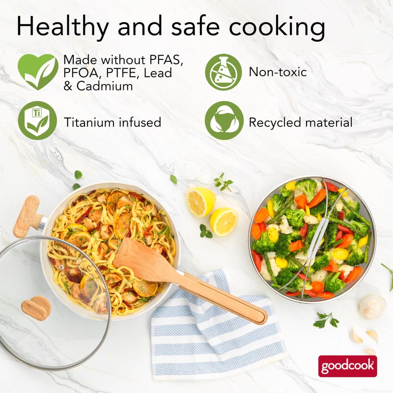 GoodCook Healthy Ceramic Titanium-infused All-in-One Pan with Tempered Glass Lid, Steamer Basket, and Spatula, Light Blue â€“ Induction Cookware, Nonstick Cooking Pan, Food Cooker and Steamer - Image 3