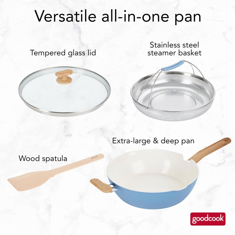 GoodCook Healthy Ceramic Titanium-infused All-in-One Pan with Tempered Glass Lid, Steamer Basket, and Spatula, Light Blue â€“ Induction Cookware, Nonstick Cooking Pan, Food Cooker and Steamer - Image 2