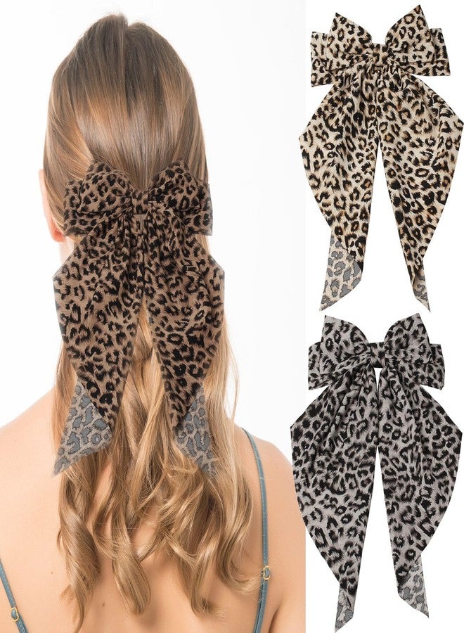 Cuizhiyu Leopard Print Hair Bow Large Hair Clips French Style Big Barrettes Bowknot Spring Snap Hair Clips with Long Tail for Women Scarf Bow Clip Pack of 3 - Image 2