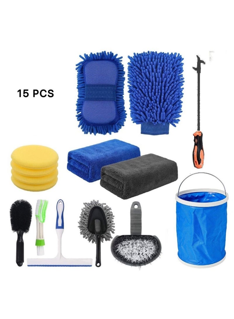 Sharpdo 15PCS Car Cleaning Kit with Collapsible Bucket, Microfiber Towels, Wash Mitt, Sponges, Detailing Brushes & Window Squeegee, Car Wash Accessories for Interior & Exterior Cleaning - Image 2