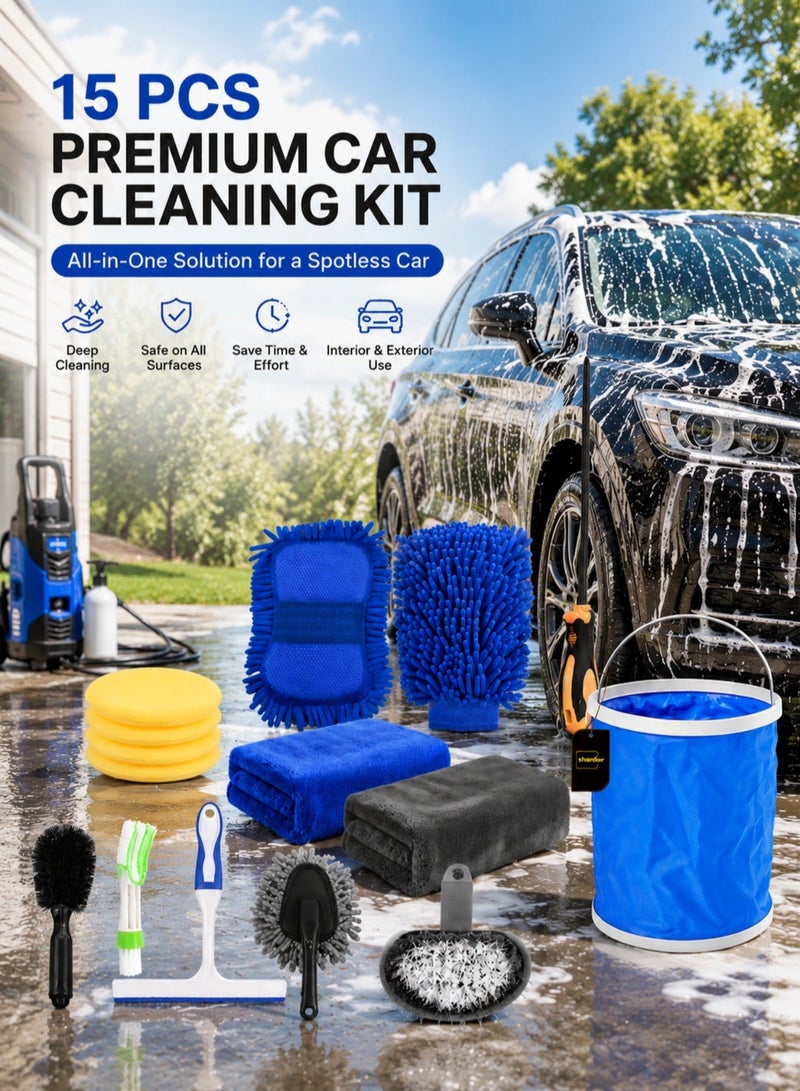 Sharpdo 15PCS Car Cleaning Kit with Collapsible Bucket, Microfiber Towels, Wash Mitt, Sponges, Detailing Brushes & Window Squeegee, Car Wash Accessories for Interior & Exterior Cleaning - Image 1