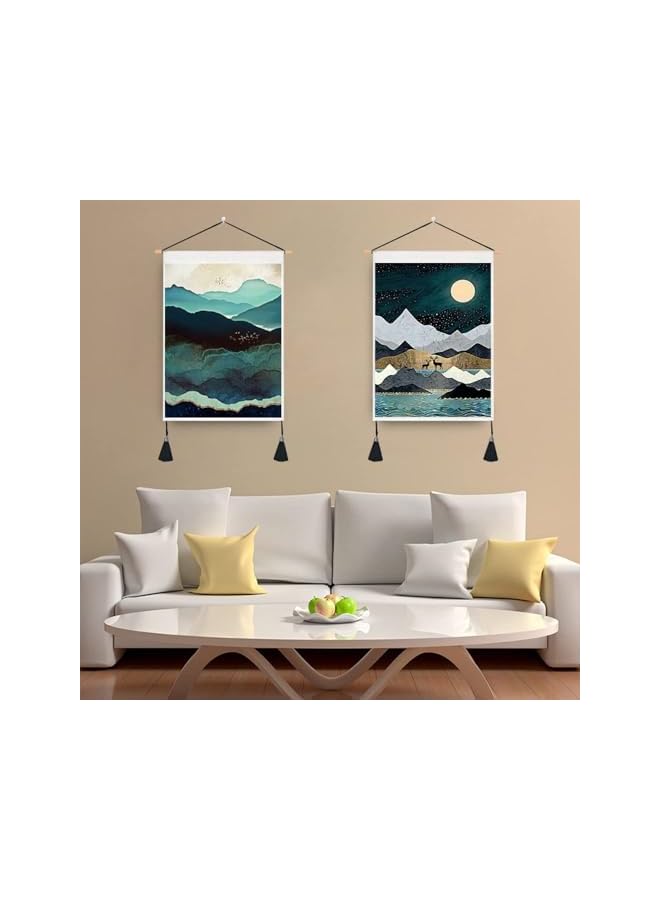 The Bros تزيين الجدران بتعليق السجاد الياباني فن غروب الشمس طبيعة المناظر الطبيعية، سجاد الجبال غابة ضبابية شجرة وقمر، لتزيين الغرفة 14" عرض × 20" طول (35 سم × 50 سم) - Image 3