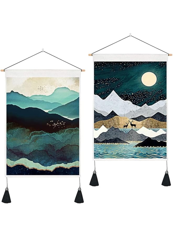 The Bros تزيين الجدران بتعليق السجاد الياباني فن غروب الشمس طبيعة المناظر الطبيعية، سجاد الجبال غابة ضبابية شجرة وقمر، لتزيين الغرفة 14" عرض × 20" طول (35 سم × 50 سم) - Image 1