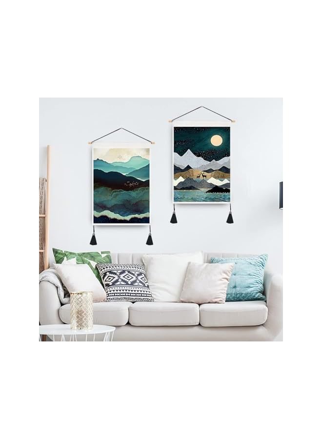 The Bros تزيين الجدران بتعليق السجاد الياباني فن غروب الشمس طبيعة المناظر الطبيعية، سجاد الجبال غابة ضبابية شجرة وقمر، لتزيين الغرفة 14" عرض × 20" طول (35 سم × 50 سم) - Image 2