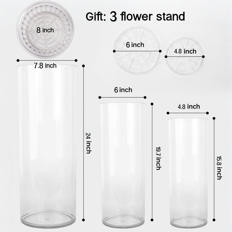 Liotww Extra Large Clear Flower Vase for Floor, Acrylic Cylinder Oversized Big Wide Mouth Plastic Tall Vases for Home or Wedding (D7.8"X24" - D6 X19.8 - D4.8"X15.8" + 3 Holder) - Image 5