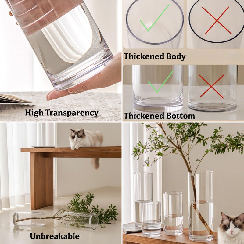 Liotww Extra Large Clear Flower Vase for Floor, Acrylic Cylinder Oversized Big Wide Mouth Plastic Tall Vases for Home or Wedding (D7.8"X24" - D6 X19.8 - D4.8"X15.8" + 3 Holder) - Image 4