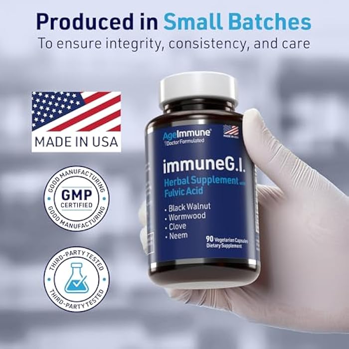 AgeImmune ImmuneG.I. Wormwood Black Walnut Clove Neem Fulvic Acid- Intestinal Cleanse Formula Doctor Formulated to Support Gut Health and Detox - No Stearates, No Dioxides – 90 Capsules - Image 3
