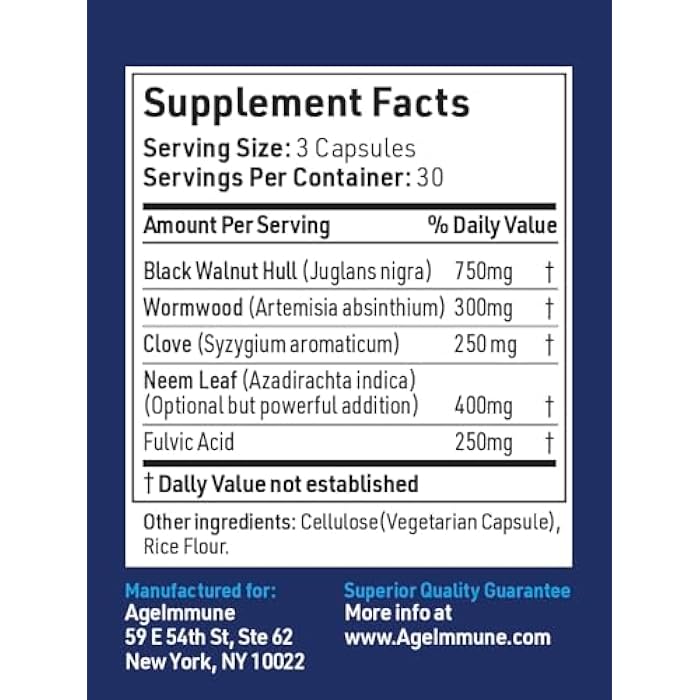 AgeImmune ImmuneG.I. Wormwood Black Walnut Clove Neem Fulvic Acid- Intestinal Cleanse Formula Doctor Formulated to Support Gut Health and Detox - No Stearates, No Dioxides – 90 Capsules - Image 2