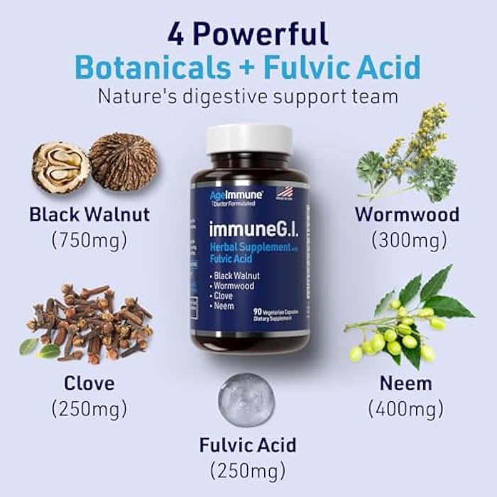 AgeImmune ImmuneG.I. Wormwood Black Walnut Clove Neem Fulvic Acid- Intestinal Cleanse Formula Doctor Formulated to Support Gut Health and Detox - No Stearates, No Dioxides – 90 Capsules - Image 5