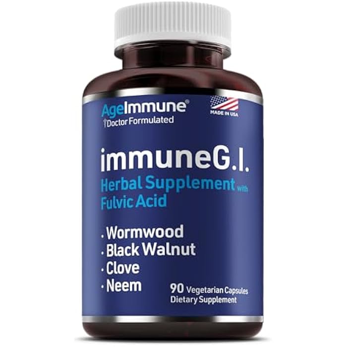 AgeImmune ImmuneG.I. Wormwood Black Walnut Clove Neem Fulvic Acid- Intestinal Cleanse Formula Doctor Formulated to Support Gut Health and Detox - No Stearates, No Dioxides – 90 Capsules - Image 1