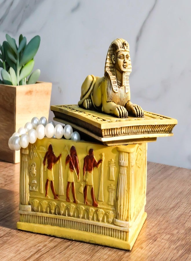 إيبروس جيفت صندوق إبروس المستطيل المزخرف على شكل أبو الهول المصري الحارس، مصنوع من الحجر الرملي، بطول 4.25 بوصة، مستوحى من نصب مصري كلاسيكي، مزين بنقوش هيروغليفية لآلهة، يُستخدم كصندوق مجوهرات أو منحوتة. - Image 1