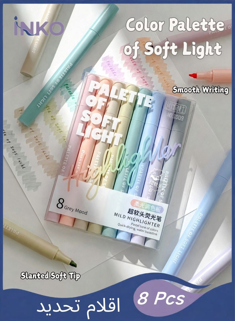 INKO Highlighters, 8 Pcs Mild Aesthetic Colors highlighter pen  ,Soft Chisel Tip for Journaling, School Office Supplies, Multicolor - Image 1