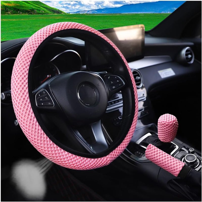 Bittwee 3PCS 15Inch Car Steering Wheel Cover Armrest Cover Gear Shift Cover Set, Microfiber Breathable Anti-Slip Automotive Steering Wheel Protector, Vehicle Interior Decor, Universal Fit（Pink） - Image 1