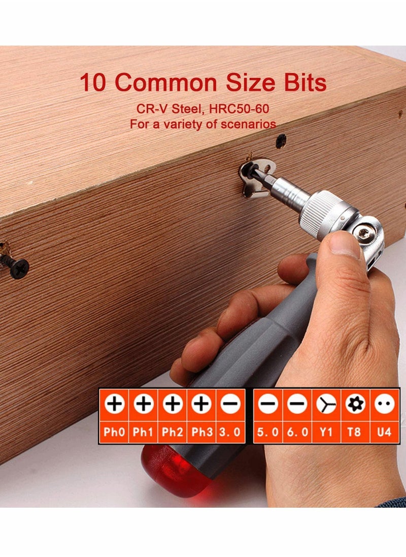 Y&D - Ratcheting Screwdriver with Magnetic Bit Ratchet, Multi Set, 10 in 1 Small Pocket Stubby Design, Pack All One (Red) - Image 1