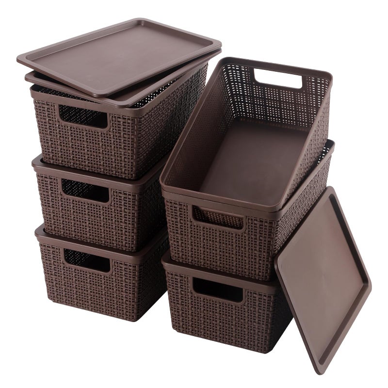 Wrrlors 6 Pack Plastic Storage Baskets With Lids,Brown Breathable Stackable Storage Bins,Small Storage Containers,for Organizing Storage Baskets on Desktops,Closets,Playrooms,Classrooms,Offices - Image 1