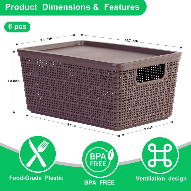 Wrrlors 6 Pack Plastic Storage Baskets With Lids,Brown Breathable Stackable Storage Bins,Small Storage Containers,for Organizing Storage Baskets on Desktops,Closets,Playrooms,Classrooms,Offices - Image 3
