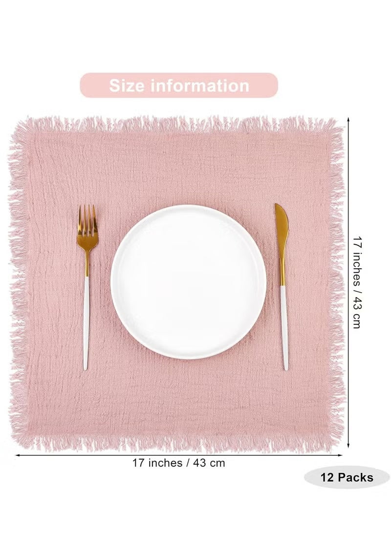 Handmade Rustic Fringe Cloth Napkins 12 Pcs - 17x17" Soft Cotton Linen Square Napkins, Pink Dinner Wedding Napkins for Parties & Events - Image 2