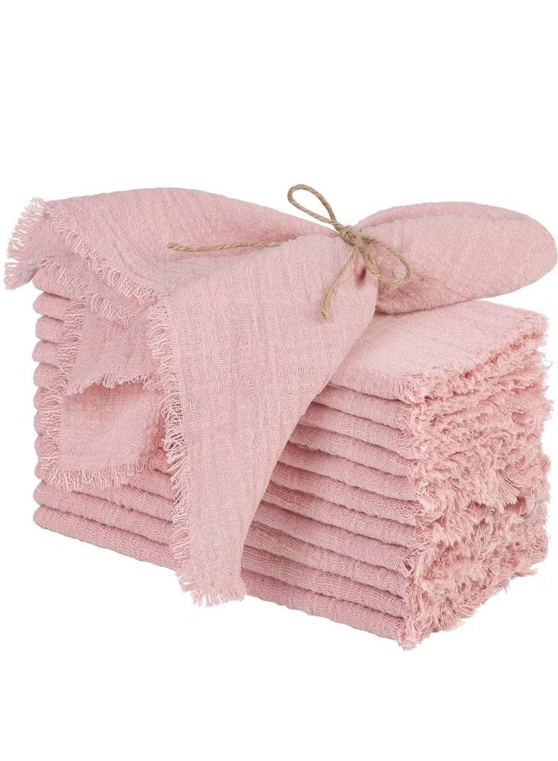 Handmade Rustic Fringe Cloth Napkins 12 Pcs - 17x17" Soft Cotton Linen Square Napkins, Pink Dinner Wedding Napkins for Parties & Events - Image 1