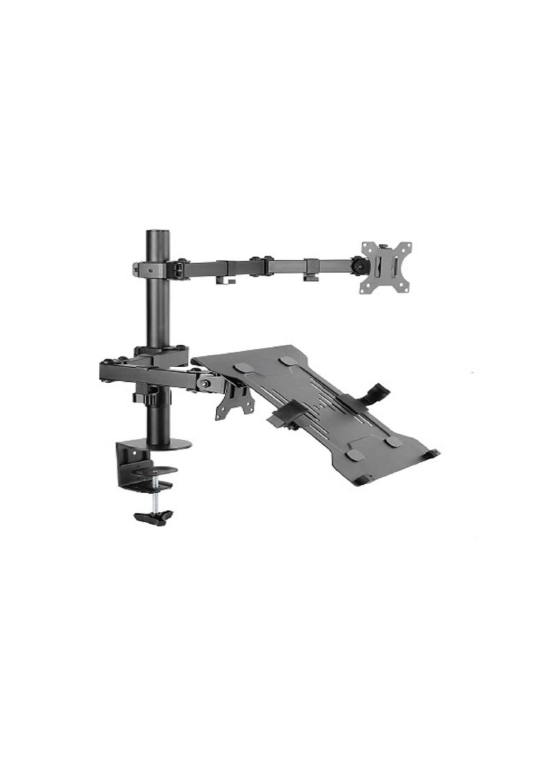 Skill Tech Skilltech SH 0240KN Single Articulating Monitor Arm with Laptop Tray | 13"-32" Screens & 17" Laptops | Full Motion Tilt/Swivel | Clamp/Grommet Install - Image 1