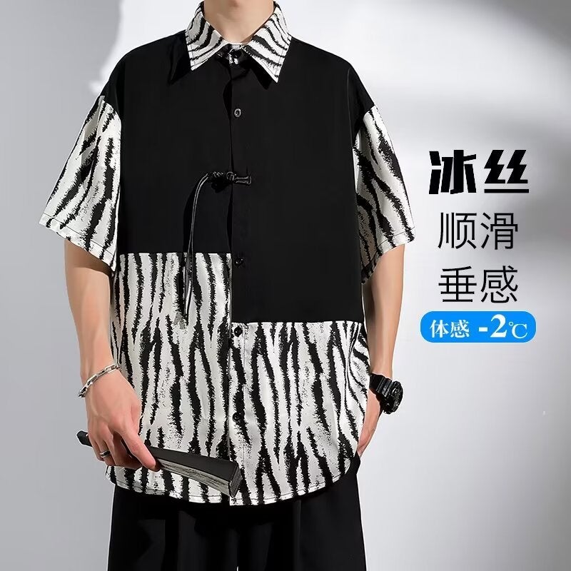 High-end Feeling Leopard Print Mens Slip-on Summer Thin Short Sleeve Ice Silk Shirt Sensible Design Casual Streetwear C4 clouds  - Image 4
