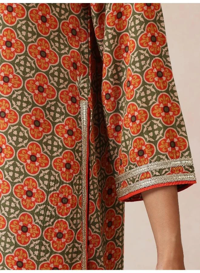 trueBrowns trueBrowns Green Red Print Viscose Straight High-Slit Kurta Set