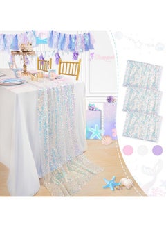 QueenDream White Table Runner 3 Packs 25x120 Inches Iridescent Sequin Table Runner for Little Mermaid Birthday Ocean Themed Party Decorations  - Image 1