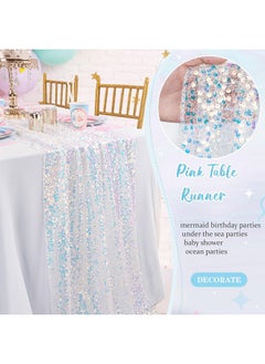 QueenDream White Table Runner 3 Packs 25x120 Inches Iridescent Sequin Table Runner for Little Mermaid Birthday Ocean Themed Party Decorations  - Image 3