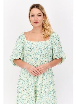 forever new Women Curve Floral Pattern Mini Dress, Green Combo  - Image 4