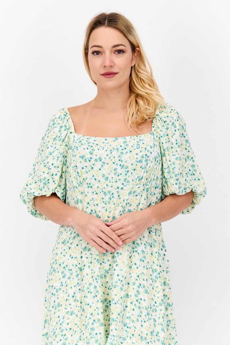 forever new Women Curve Floral Pattern Mini Dress, Green Combo - Image 4