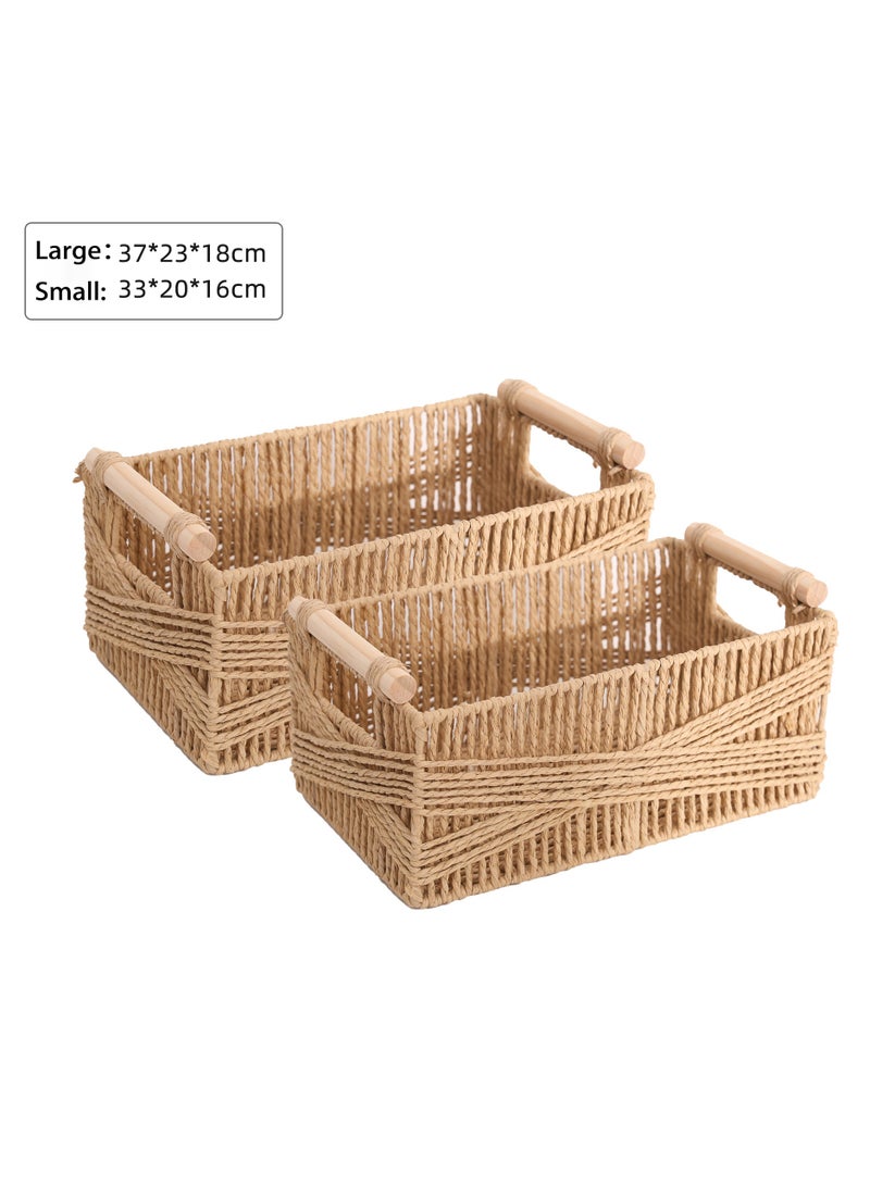 Large Brown Storage Basket with Handles – Rectangular Wicker Organizing Basket (Set of 2)  - Image 1