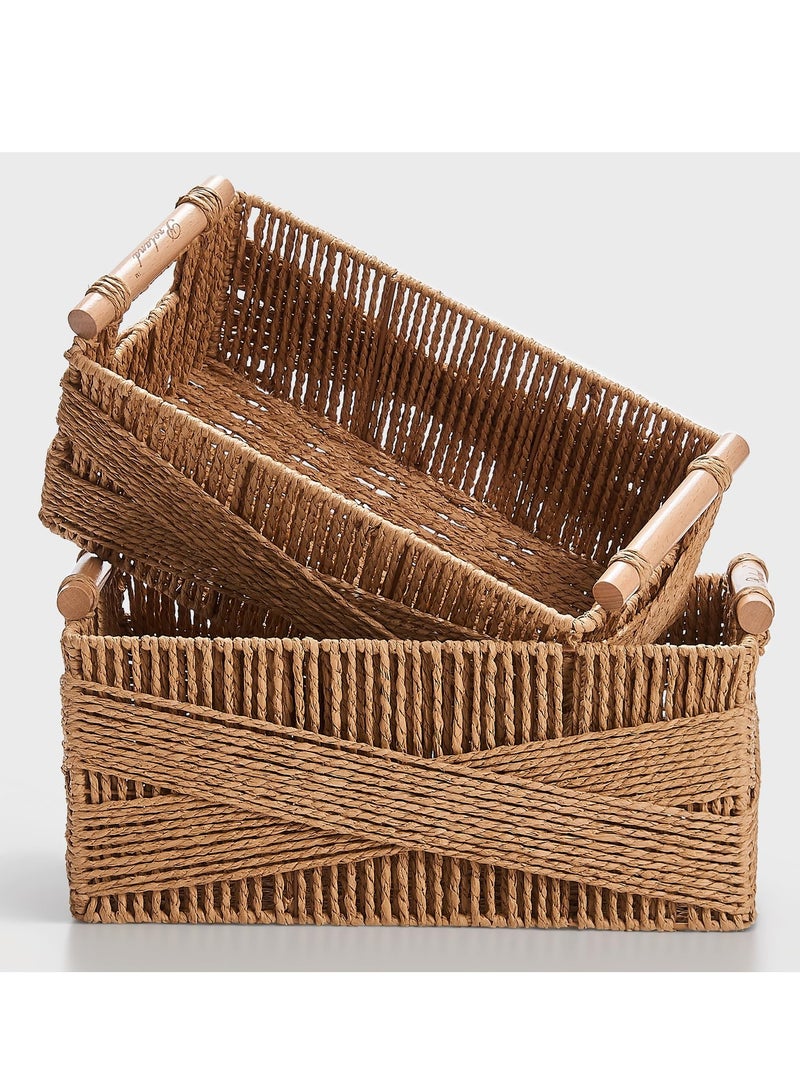 Large Brown Storage Basket with Handles – Rectangular Wicker Organizing Basket (Set of 2)  - Image 2