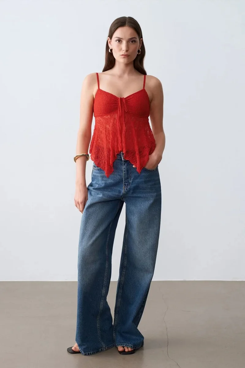 DILVIN Lace Tie-front Sleeveless Blouse