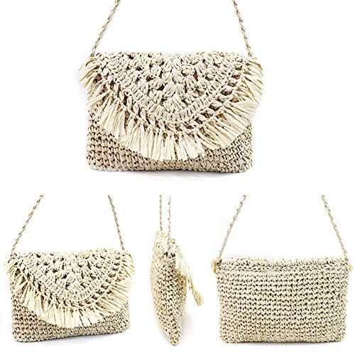 Lobagve Women's Straw Crochet Tassel Shoulder Purse Bohemian Messenger Bag Envelope Beach Bag Beige - Image 2