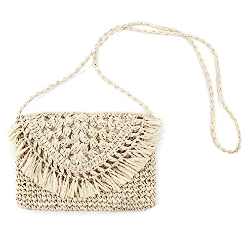 Lobagve Women's Straw Crochet Tassel Shoulder Purse Bohemian Messenger Bag Envelope Beach Bag Beige - Image 4