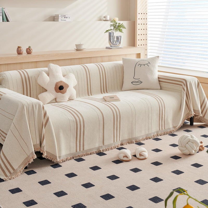 DREAMINGO Couch Cover Reversible Chenille 3 Seat Sofa Covers for Dogs Pets Beige Coffee Couch Protector for 3 Cushion Couch Sofa Vertical Stripe Jacquard Sofa Slipcover Sectional 71x134