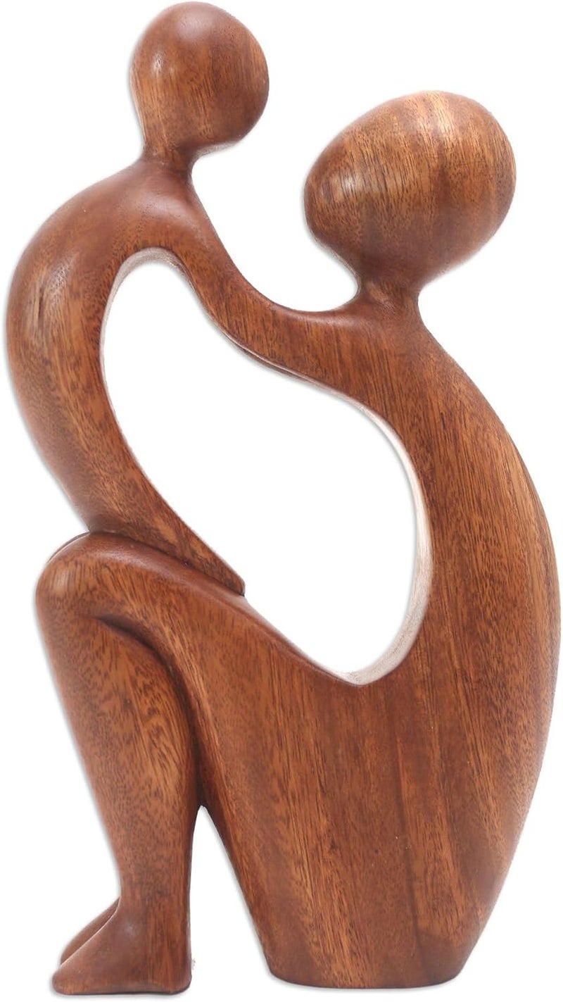 NOVICA Brown Hand Carved Mother and Child Natural Wood Artisan Sculpture 1175 Tall I Adore You - Image 1