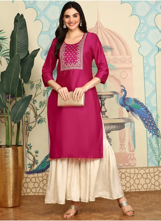 آي شين Ethnic Motifs Yoke Design Round Neck Straight Zari Kurta