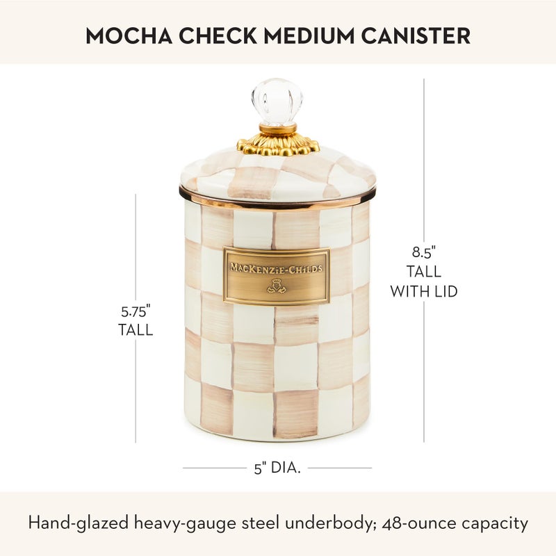 mackenzie childs MACKENZIE-CHILDS Medium Enamel Canister, Kitchen Storage Container with Lid, Brown-and-White Mocha Check - Image 3